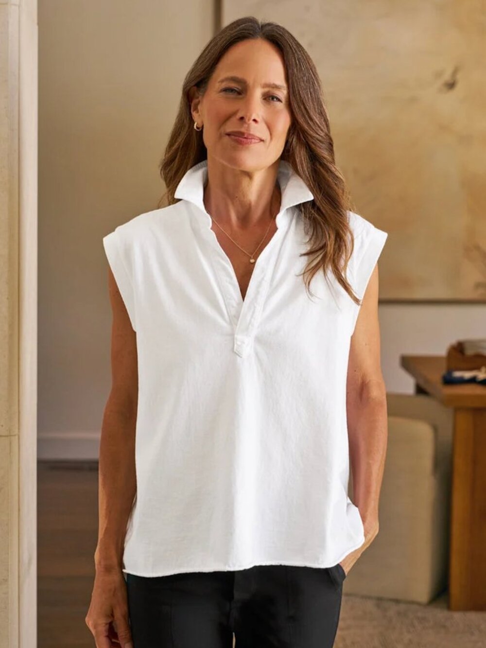 Frank & Eileen Olivia Popover Henley Tank Wht M Quiet Luxury Minimal Heritage